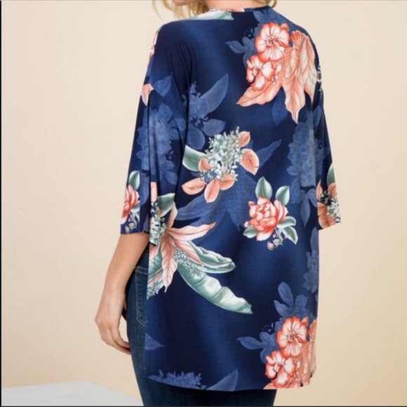 Blue and Floral 3/4 Sleeve Kimono Cardigan - Picture 7 of 7